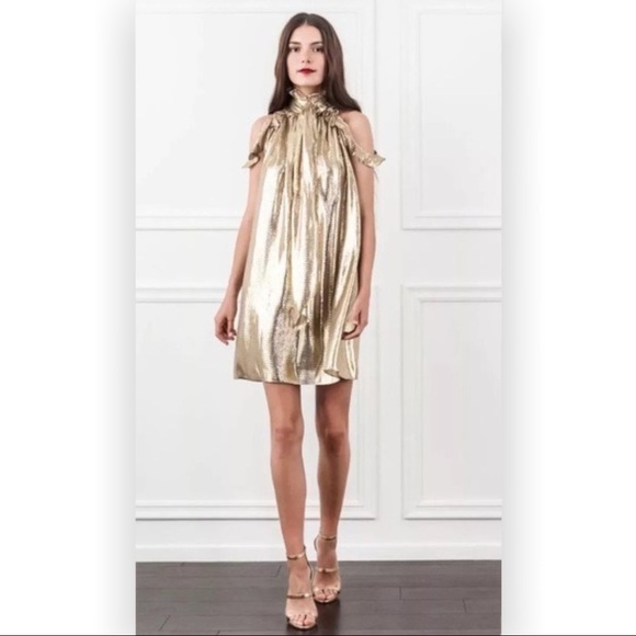NWT Rachel Zoe Metallic Gold Ruffle High Neck Mini Dress sz 0 - Picture 10 of 12